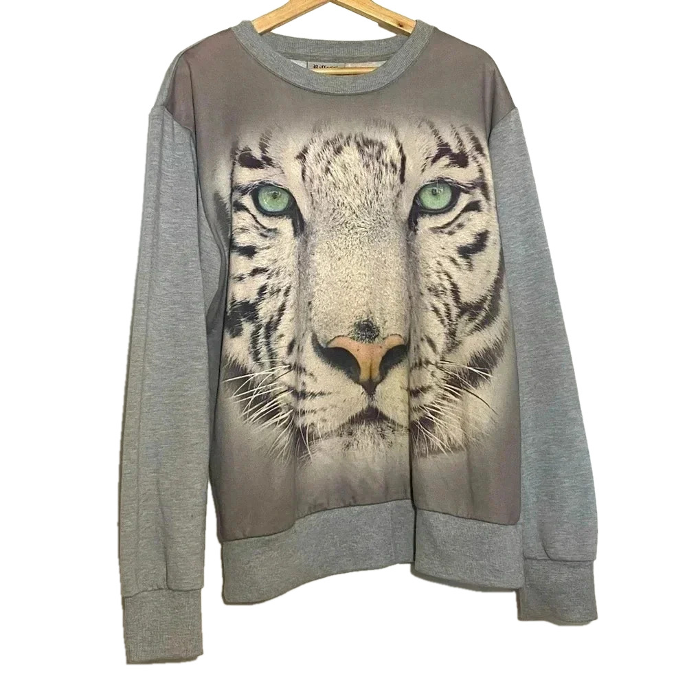 🎈RIFLESSI unisex gray tiger pull over crewneck  sweater size L animal print